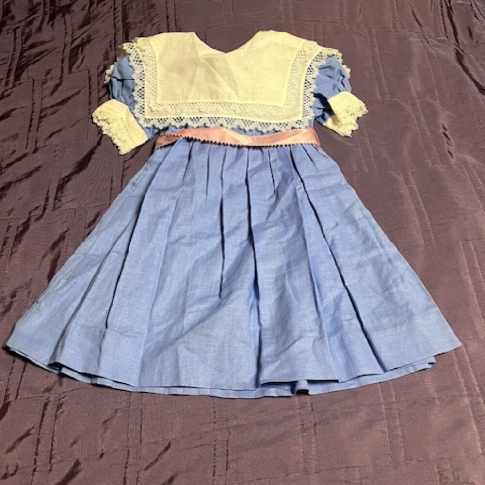 Girls VTG Cotton Blend Easter Dress Double Lace Collars Sleeves Pink Sash Size 4